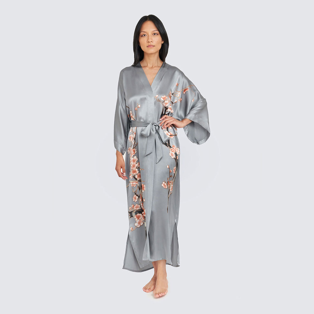 KIM+ONO Kimono Robe | Silk Handpainted Cherry Blossom Long Kimono Robe | Silk | Mineral | Long