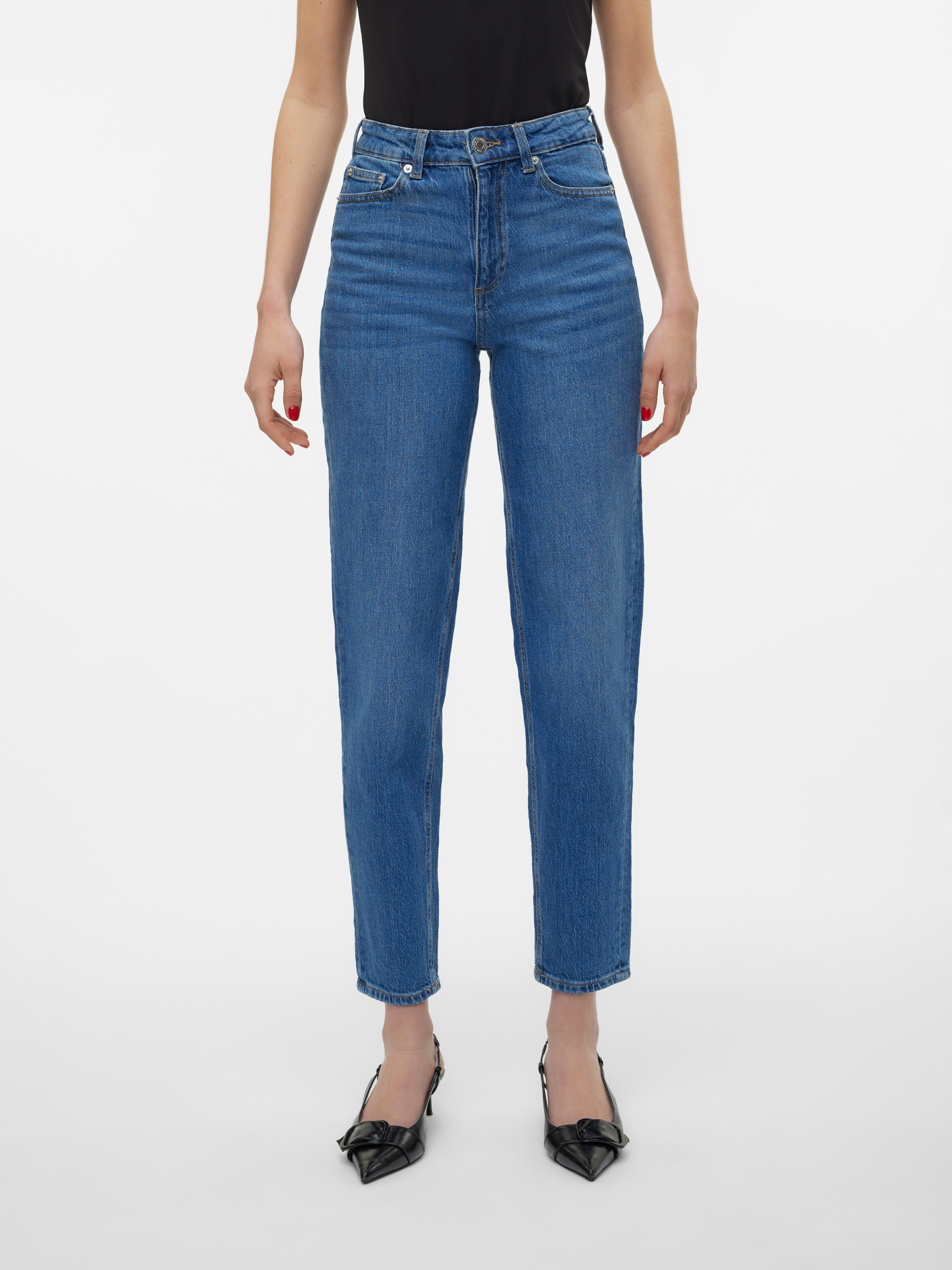 Mom-Jeans VERO MODA "VMTESSA HR MOM JEANS RA380 GA", Damen, Gr. 27, Länge 32, blau (medium blau denim), Denim/Jeans, Obermaterial: 99% Baumwolle, 1% Elasthan, unifarben, Jeans