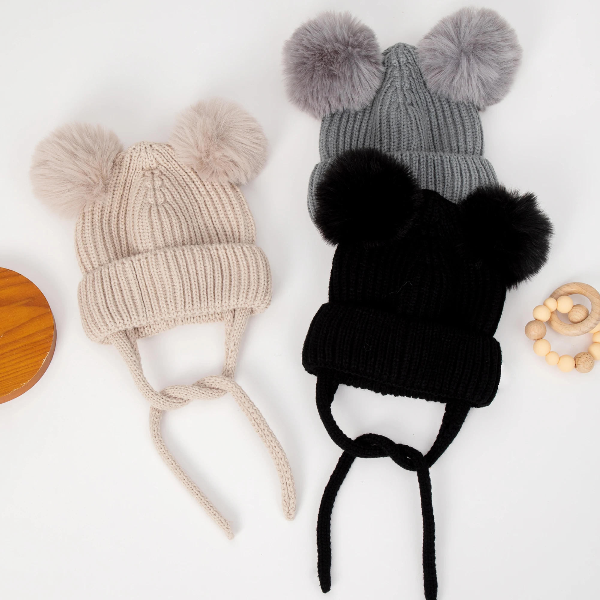 Pompom Winter Baby Hüte Nette Beanies Caps Bär Gehörschutz Gestrickte Jungen Mädchen Headwraps Warme Kinder Häkeln Infant Kind Kopfbedeckungen Image