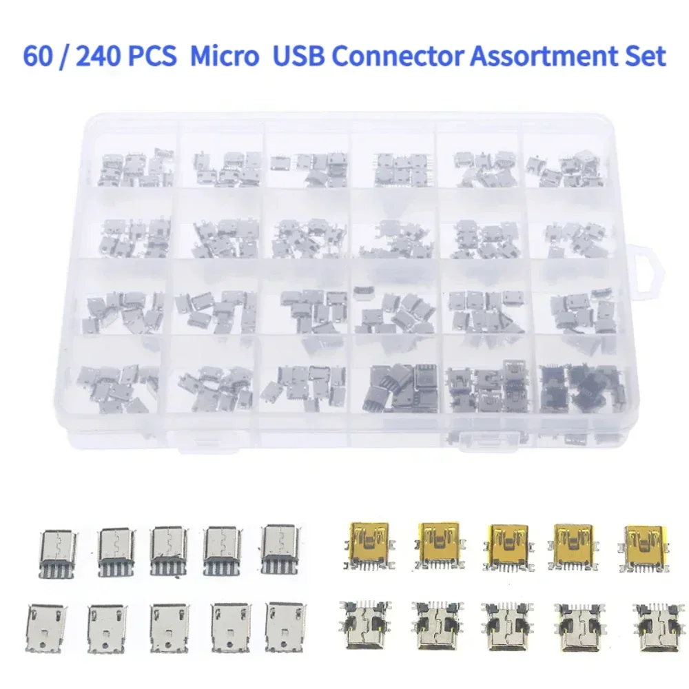  60/240-teiliges Micro-USB-Stecker-Sortiment-Set, 12 Modelle, 24 Modelle, SMT-Buchse, DIP-Buchse, Stecker für Mobiltelefone Image