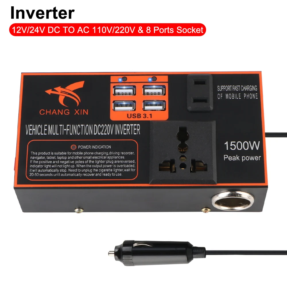 Auto-Inverter-Netzteil-Konverter, 8 Anschlüsse, DC 12 V/24 V zu AC 110 V/220 V, USB-Ladegeräte, Zigarettenanzünder-Buchse, Zigarettenanzünder-Stecker Image