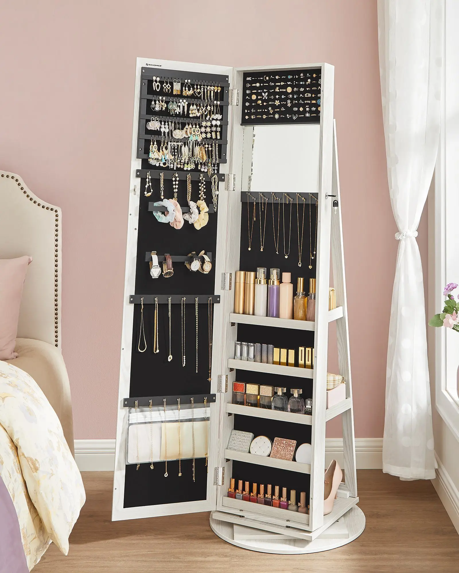 Schmuckschrank, Spiegelschrank, mit Ganzkörperspiegel, um 360° drehbar, Schmuckaufbewahrung, abschließbar