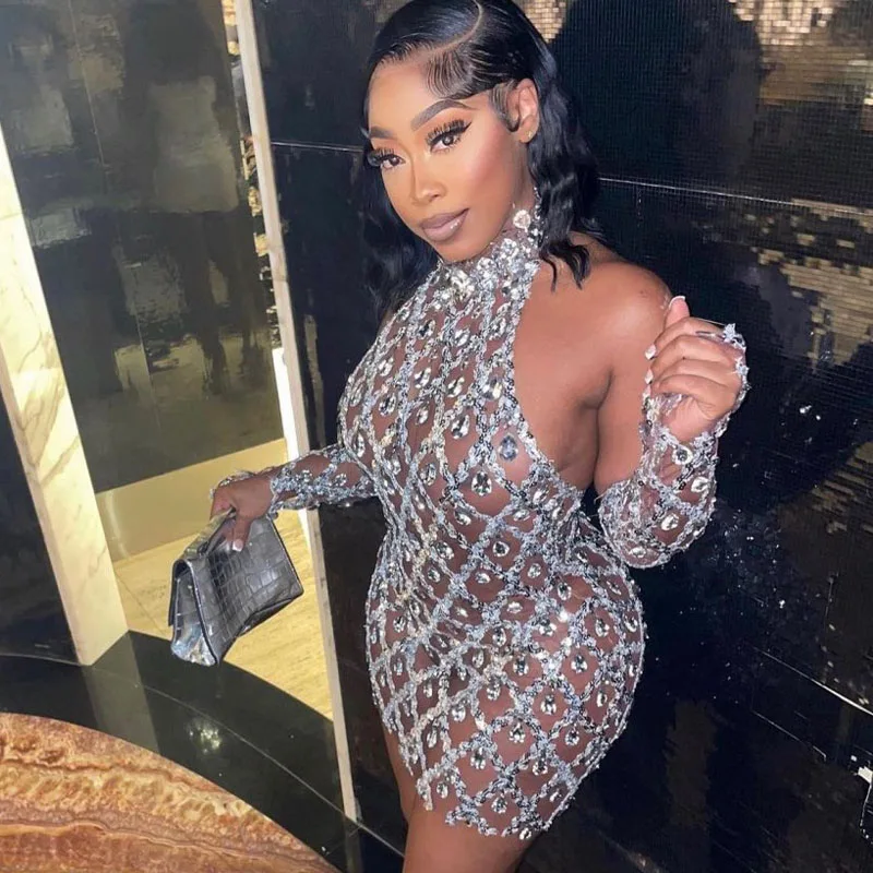 Sexy Bühne Feiern Abend Hochzeit Prom Geburtstag Foto Club Kleid mit Handschuh Sparkly Silber Pailletten Strass Kleid