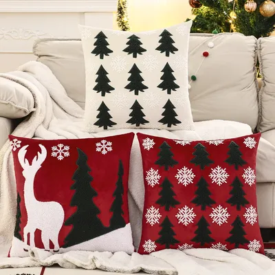 1PC Weihnachtsbaum Dekokissenbezug Samt Stickerei Schneeflocke Weihnachtsdekoration Wohnzimmer Image