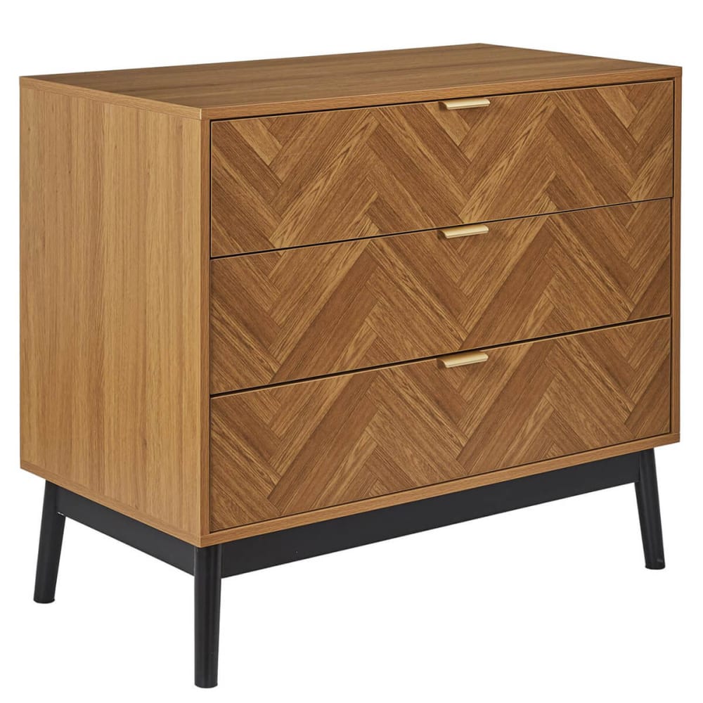 Commode 3 tiroirs aspect bois décor chevrons piétement noir