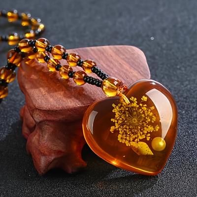 TEMU Bohemian Amber Love Pendant, Made Of Synthetic Resin Amber And Artificial Gemstones, Jewelry Gift Image