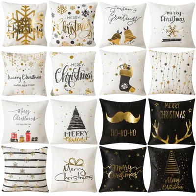 4-teilige quadratische Weihnachts-Kissenbezüge mit Goldprägung, bedruckt, Schneeflocken, weiche Image