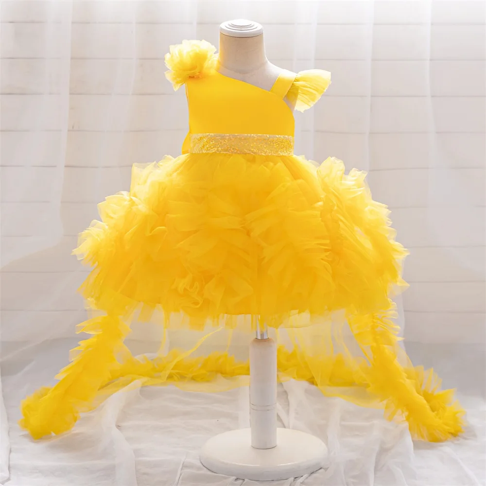 Baby Mädchen Hinter Geburtstag Party Kleid Kinder Gelb Spitze Flauschigen Kostüme Kleinkind Sommer Urlaub Kleider Infant Mode Vestido Image