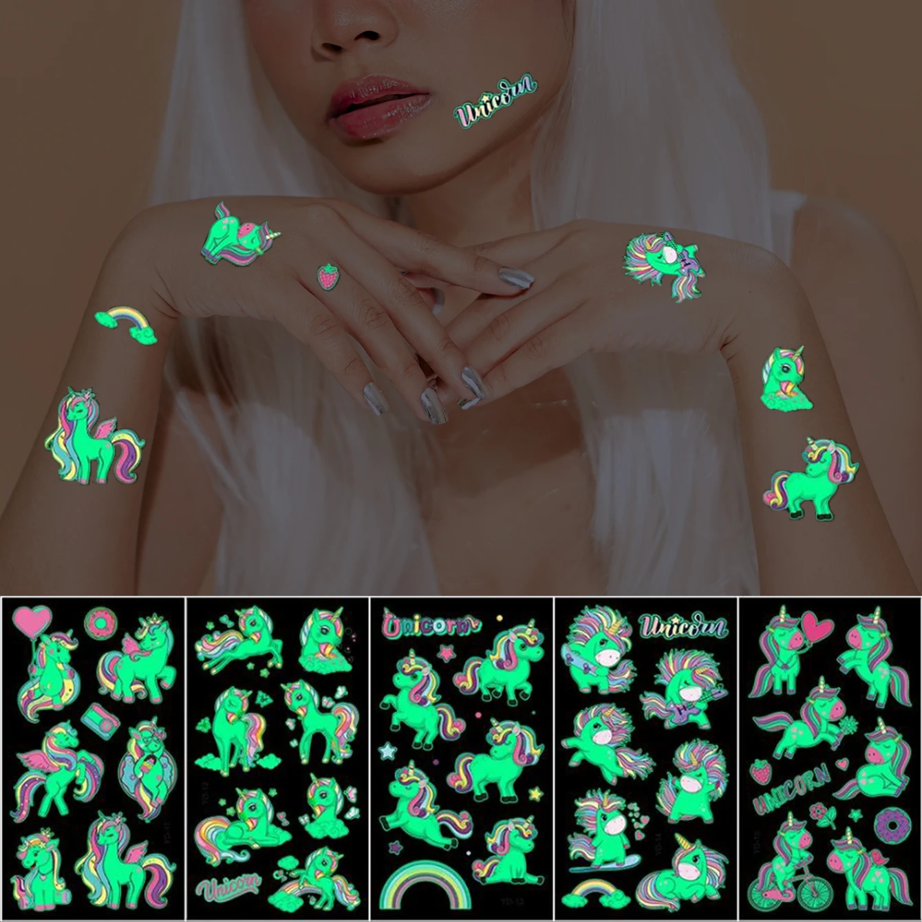 5 Stück leuchtende Tattoo-Aufkleber, temporäres buntes Tier, Meerjungfrau, Dinosaurier-Tattoo, niedliche Tattoo-Aufkleber, Tattoo für Damen und Herren Image