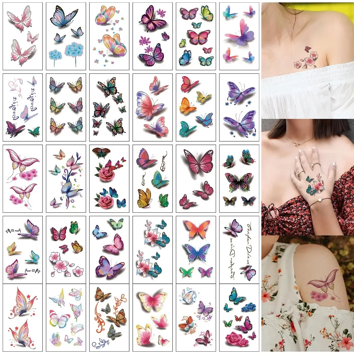 30PCS Wasserdicht Temporäre Tattoo Aufkleber 3D bunte Schmetterling Gefälschte Tatto Flash Tatoo körper kunst Tato für Mädchen Frauen Image