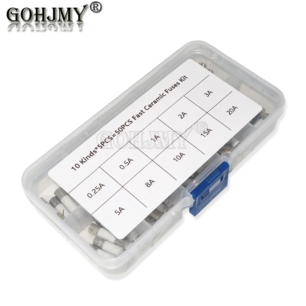 50 stücke 5mm x 20mm Keramiksicherungs-Kit 0,25 a 0,5 a 1a 2a 3a 5a 8a 10a 15a 20a 250V Sicherung 5*20 Schutz versicherung rohrs atz neu Image