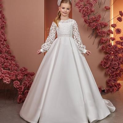 Kids Girls' Flower Girl Dress First Communion Dress Solid Color Sleeveless Long Sleeve Performance Mesh Princess Sweet Mesh Mid-Calf Sheath Dress Tulle Dress Summer Spring Fall kids Ivory