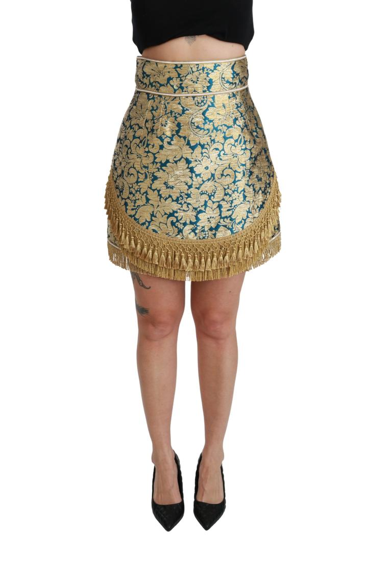 Dolce & Gabbana Damen Blaue Hochtaillierte Jacquard-Fransen-Gold-Rock Image