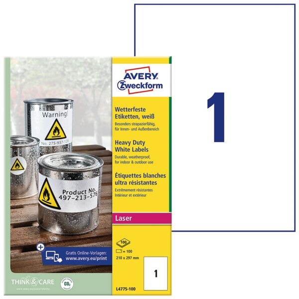 Avery Zweckform 20% AKTION: Wetterfeste Folien-Etiketten 210 x 297 mm »L4775-100« Image