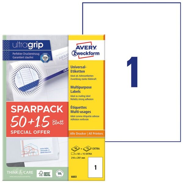 Avery Zweckform Universaletiketten DIN A4 permanent weiß 210x297 mm 65 Stück 6603 mit ultragrip weiß Image