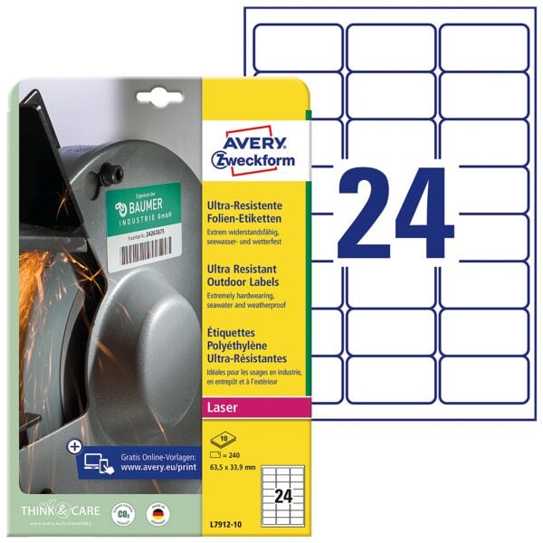 Avery Zweckform 240 Ultra-Resistente 63,5x33,9 mm Folien-Etiketten weiß Image