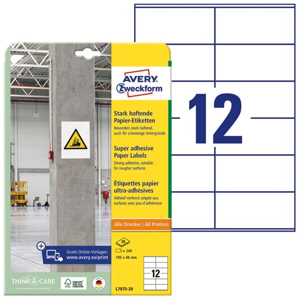 Avery Zweckform 240 Papier-Etiketten stark haftend - 105 x 48 mm weiß Image