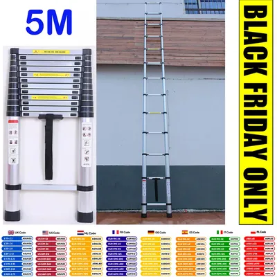 DayPlus 5m Telescopic Ladder 16.4ft Multi-Purpose Aluminum Lightweight Folding ladder Non-Slip