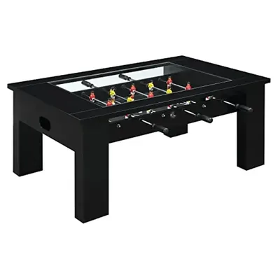 Glass Top Foosball Coffee Table Gaming Set with Red vs. Yellow Teams and 2 Balls Black