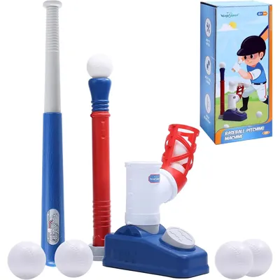 EagleStone 2-in-1 T-Ball Set, Ages 3-5, w/Pitching Machine, Adjustable Tee, Bat & 6 Balls