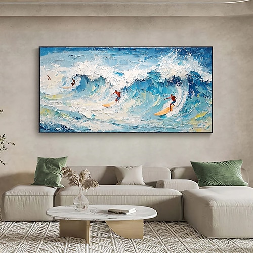 handgemachtes Original Surfsport Ölgemälde auf Leinwand abstrakte Ozeanwellen Wandkunst für Wohndekor mit gespanntem Rahmen ohne Innenrahmen Gemälde Image