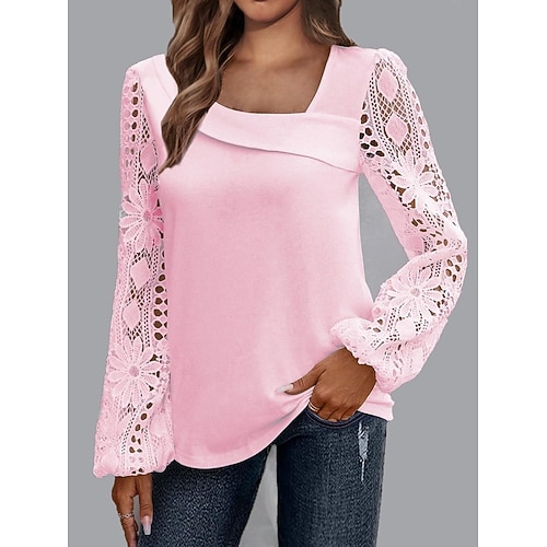 Damen Elegante Weiße Spitzen Tops Ösen Bluse Lässig Einfarbig Reguläre Tops Langarm Asymmetrische Spitzen Patchwork Reguläre Passform Täglich Schwarz Weiß Rosa Romantische Petite Tops Sommer Urlaub Image
