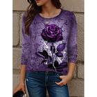 Valentinstag Damen Rose T-Shirt Fashion süß Rosen floral reguläre Tops lange Ärmel Rundhals Print reguläre Passform Alltagswochenende Schwarz Blau Lila Orange Rosenpink Herbst Winter