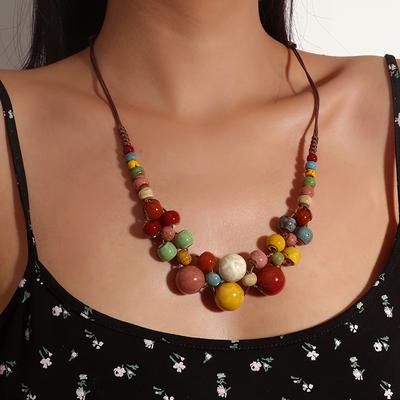 TEMU 1pc Women's Bohemian Retro Ceramic Bead Necklace - Handmade Braided Cord With Multicolor Beads For Vacation, Party & Casual Attire Image