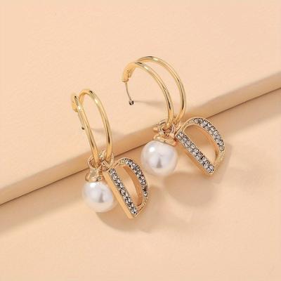 TEMU Hollow Letter D Design With Shiny Rhinestone Faux Pearl Decor Golden Dangle Earrings Japanese/ Korean Style Alloy Jewelry Female Gift Image