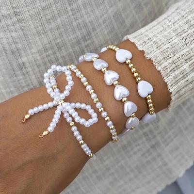 TEMU 4pcs Bohemian Latin Ballet Bow Love Ccb Beaded Stacked Bracelet Set For Women's Jewelry Gift For Daily And Vacation Wear Image