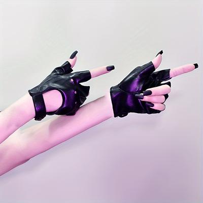 TEMU Adjustable Black Leather Half-finger Gloves - Warm, Non-stretch For Cycling, Performances & Cosplay Image