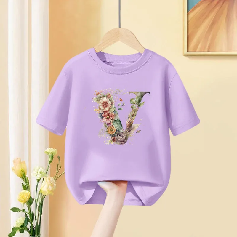 Mädchen T-Shirt 26 Englisch Brief a b c d Kinder Mode Blume T-Shirt Kinder benutzer definierte Name Brief Sommer lila Kleidung