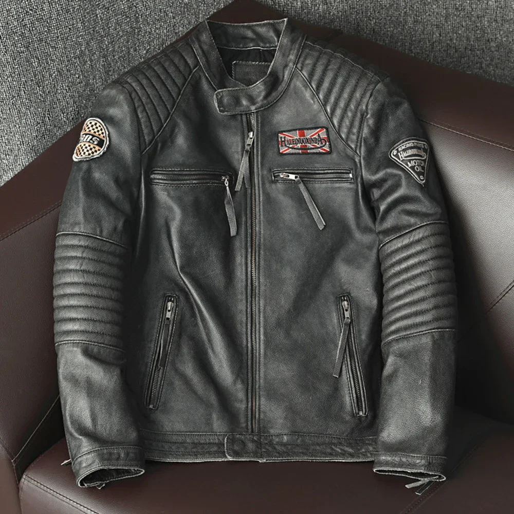 2025 Slim Biker Vintage Grau Frühling Herbst Rindsleder Mäntel Motorrad Echtleder Jacke für Männer Stil Plus Größe