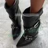 Gürtelschnallen Keil Stiefeletten Frauen Sexy Spleißen Leder Spitze Zehen Große Größe Schuhe Slouchy Neue Luxus Schwarz Nieten Trim Stiefel