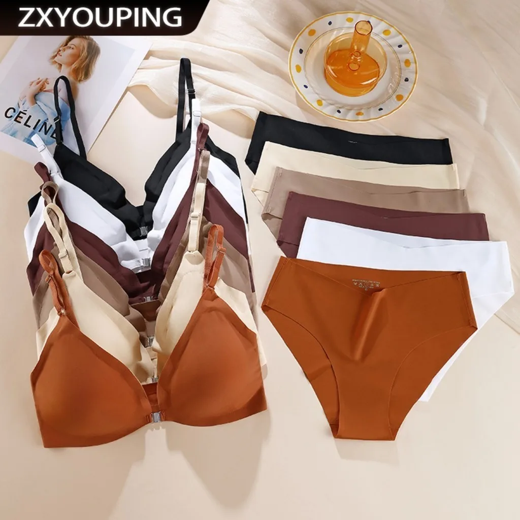 ZXYOUPING Nahtloses BH- und Höschen-Set aus Eisseide, schöner Push-up-BH am Rücken, bequem, ohne Stahlfelgen, verstellbar, Übergröße, kabellos Image