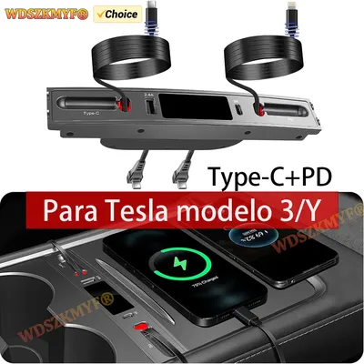 4-in-1-Mittelkonsolen-USB-Hub, kompatibel mit Tesla Model 3, Modell Y-Zubehör, 2023–2021, Schnellladung mit einziehbarem Kabel Image