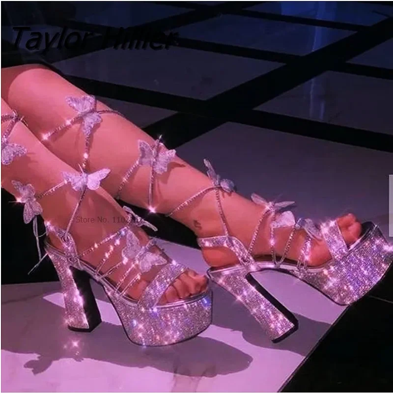 Plattform Kristall Chunky Heels Sandalen mit Schleife Kreuzriemen Bling Elegante Glitzer Silber Sandalen Frauen Sommer Schmetterling Schuhe