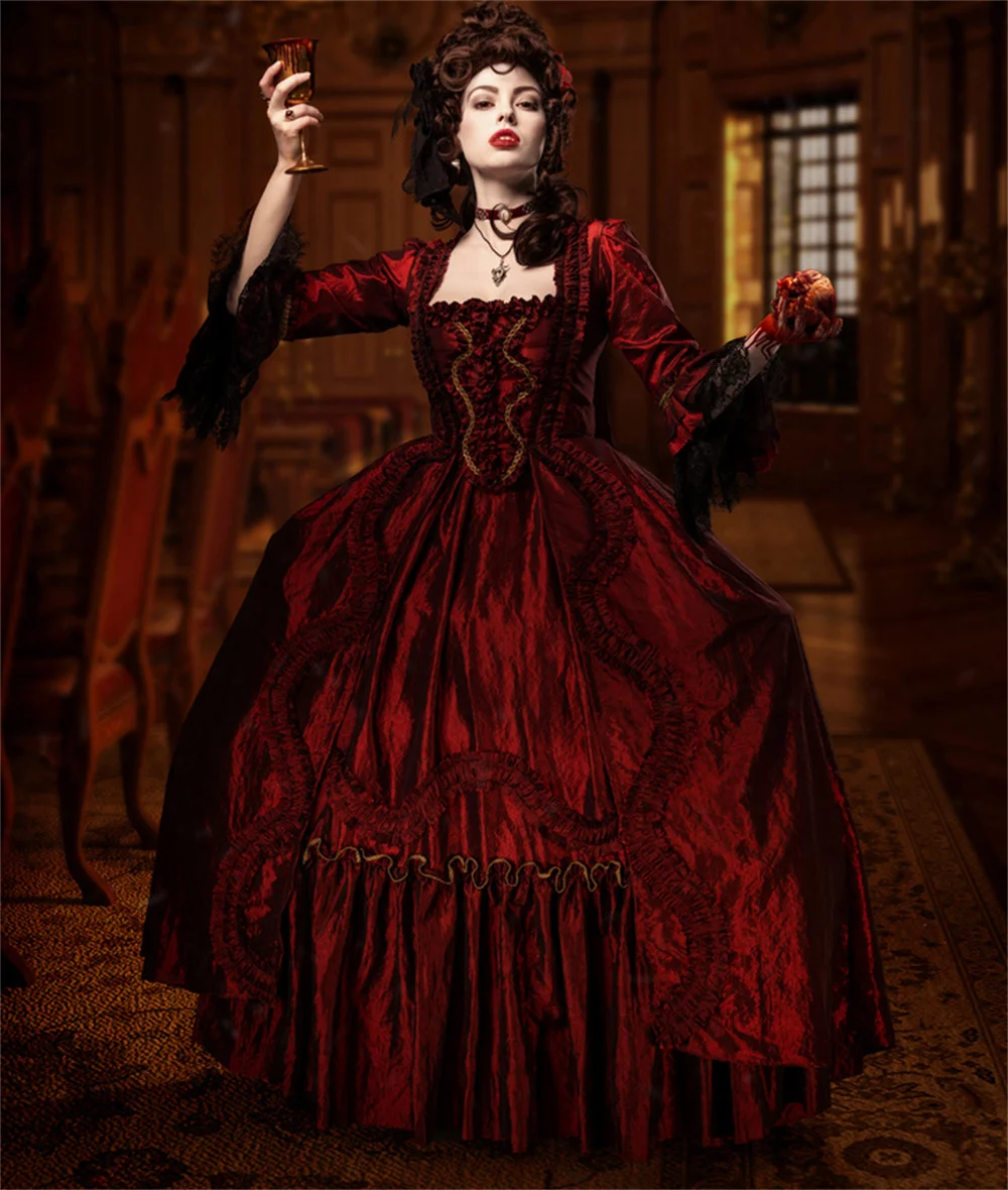 Burgunderrotes gotisches viktorianisches Vampirkleid-Kostüm, königliches französisches Gericht, Marie Antoinette, Cosplay, Gothic, Herzogin, Hochzeitskleid, Ballkleid