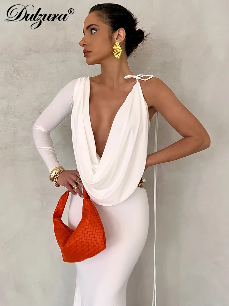 Dulzura One-Shoulder-Langarm-Maxikleid mit schwingendem Kragen und Schnürung, sexy, elegantes Abendkleid, Party, Abschlussballkleid, Herbst-Winter-Outfit