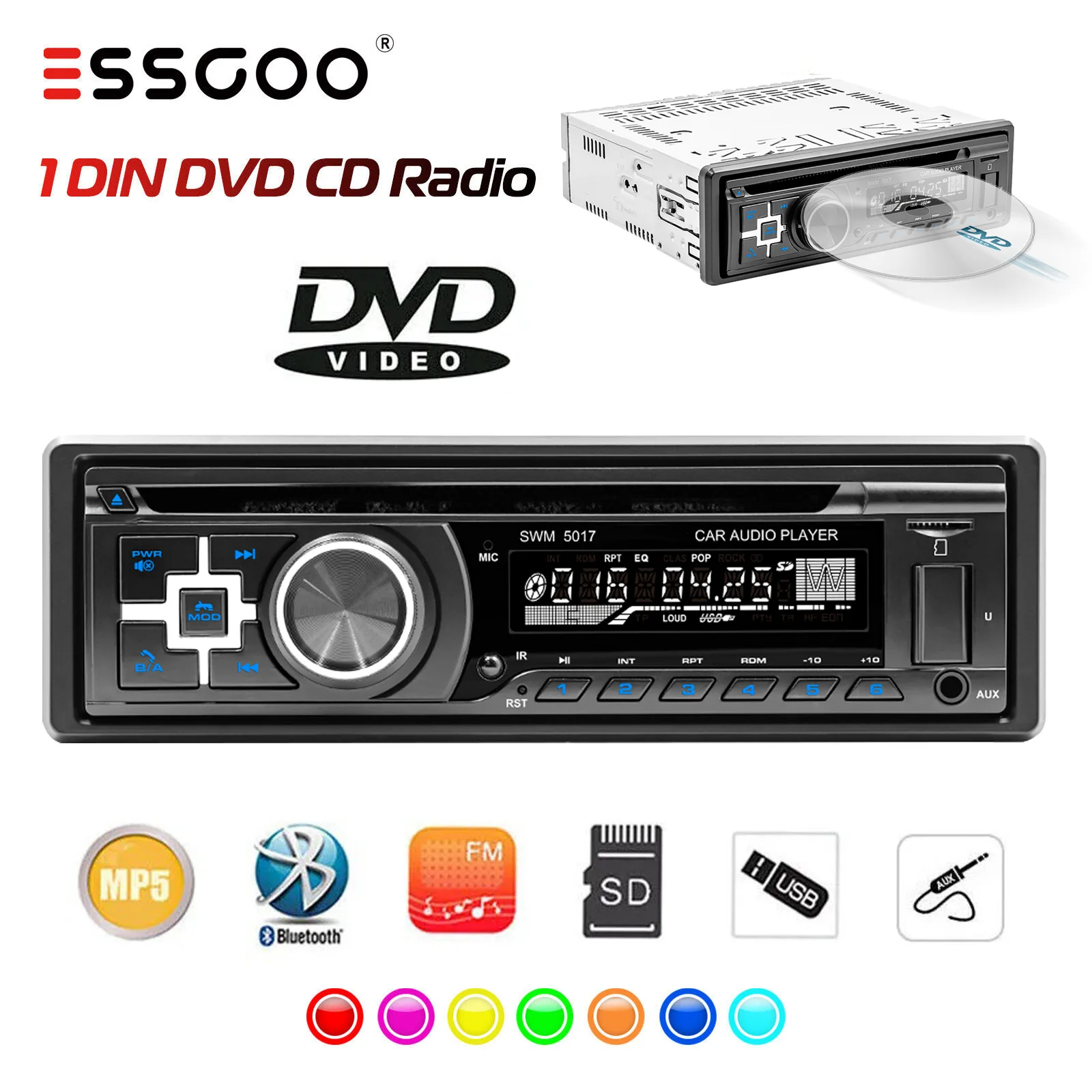 ESSGOO Lettore CD DVD Universale Autoradio Unità Principale USB/SD TF AUX Bluetooth 4.0 Modo Vivavoce Mono 1 DIN Radio FM MP3