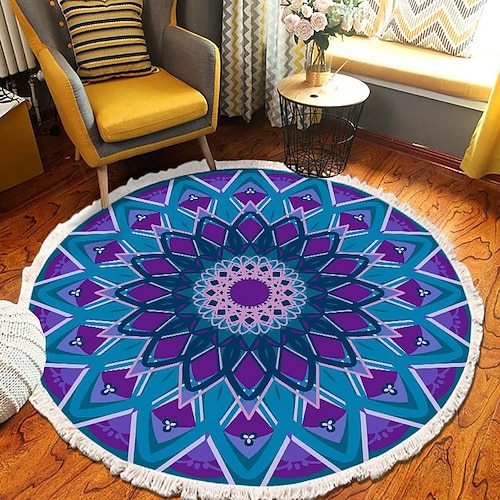 Runder Teppich mit Mandala-Quaste im Ethno-Stil, Wohnzimmer, Schlafzimmer, Couchtisch, Bodenmatte Image