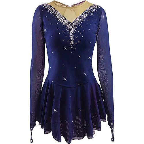 Eiskunstlaufkleid Damen Mädchen Eislaufen Kleid Schwarz Rot Blau Asymmetrischer Saum Netzstoff Hohe Elastizität Training Wettbewerb Eiskunstlaufkleidung Klassisch Kristall / Strass Langarm Eislaufen Image