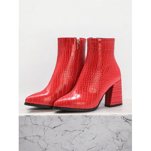 Grüne Stiefeletten aus Kunstleder mit Krokodilprägung für Damen mit Blockabsatz und spitzer Zehenpartie – ideal für legere oder elegante Anlässe Image