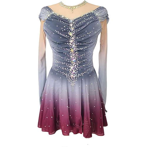 Eiskunstlaufkleid Damen Mädchen Eislaufen Kleid Hyazinth Grau Asymmetrischer Saum Netzstoff Hohe Elastizität Training Wettbewerb Eiskunstlaufkleidung Klassisch Kristall / Strass Langarm Eislaufen Image