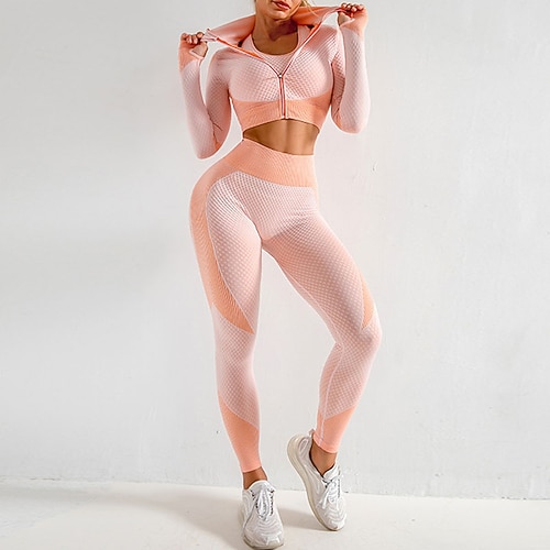 Damen Sport-BH mit Strumpfhose Yoga-Set 3 Teile Farbblock Sportbekleidungsset Kombination Sommer Frühling Schwarz Rosa Fitnesstraining Fitness Yoga Hohe Taille Weich Atmungsaktiv Langarm Sport Image