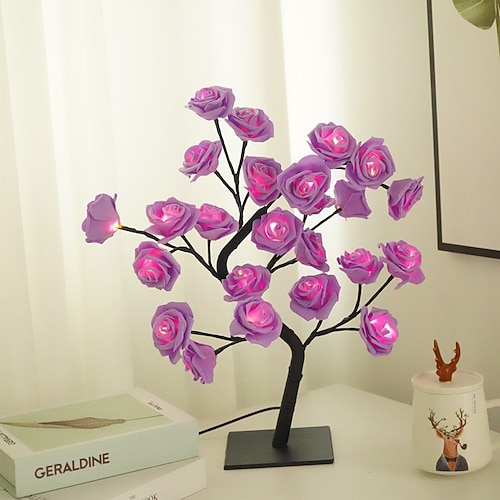 Lampada a Forma di Albero di Rosa LED Lampada da Scrivania Festa di Compleanno Casa Camera da Letto Luce Notturna Alimentata USB Rimovibile Decorazione Luce Notturna