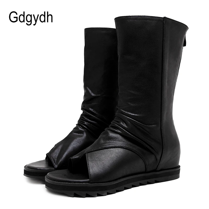 Gdgydh Zipper Design Schwarz Frauen Schuhe Keile 2022 Neue Frühling Herbst Offene spitze Leder Mid-Kalb Stiefel Für Frauen förderung Verkauf