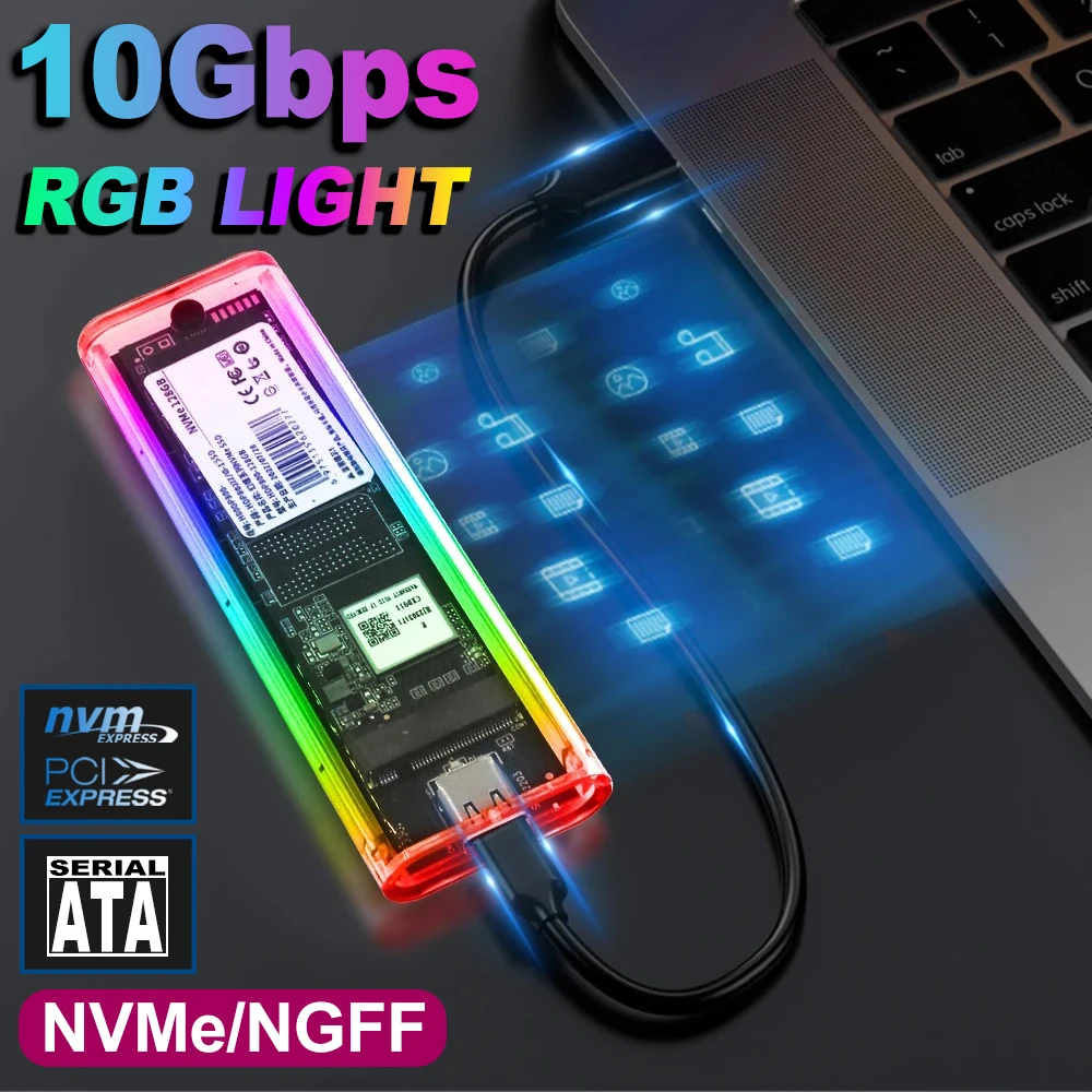 RGB M2 NVMe PCIE SSD-Gehäuse M.2 NGFF SATA SSD-Gehäuse 10 Gbit/s M.2 auf USB Transparentes Festplattengehäuse für M Key M&B Key SSD Image