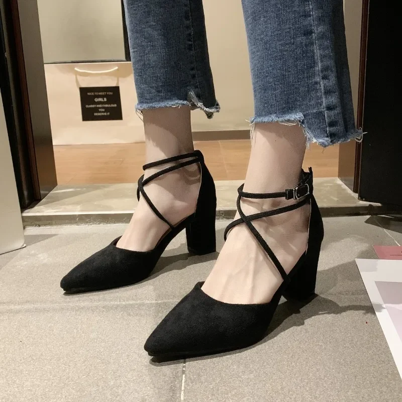 2023 neue Frühling Herbst Frauen Heels Ankle Cross Strap Starke Absatz Sexy Weibliche Schuhe Casual Wildleder Schwarz Spitz Pumpen schuhe elegant damen hochhackig damenschuhe absatz schuhe damen