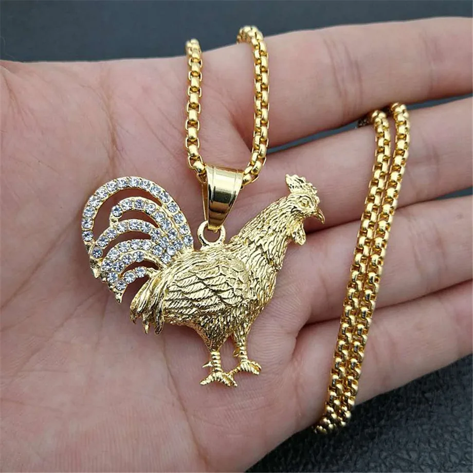 Hip Hop Iced Out Bling Gallus Hahn Anhänger Necklce Für Männer/Frauen Gold Farbe Edelstahl Französisch Schmuck Geschenk collier Image